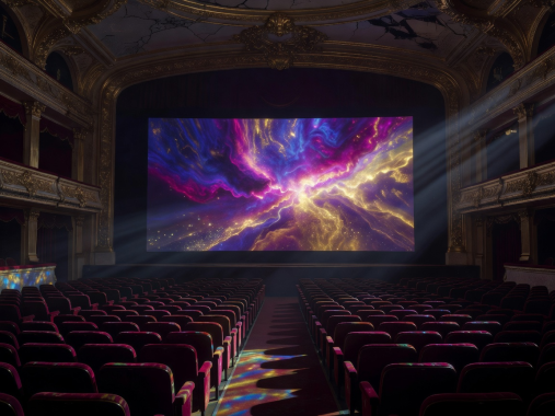 Cinematic theater auditorium projection screen