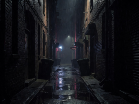 Dark rainy street alley in neo-noir visual style