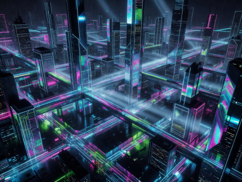 High-tech glowing neon cyberpunk city grid