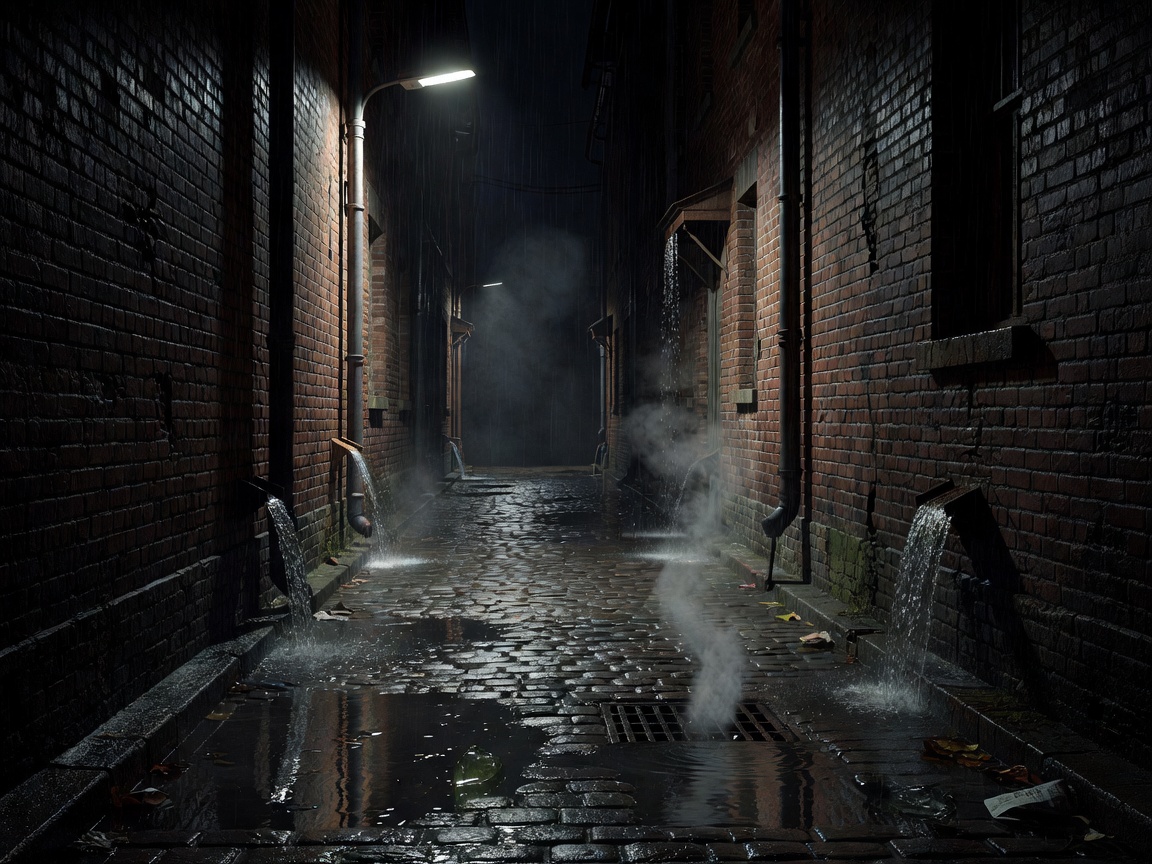 Rainy dark alley for Neo-Noir Thrillers