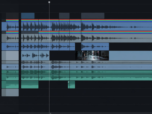 Video editor timeline with audio waveforms and color channels
